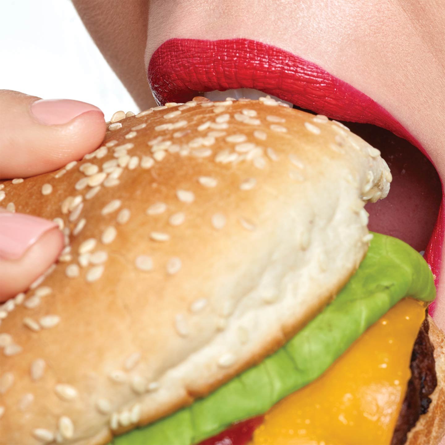 Lips wearing Super Stay24h 2step Lipcolor bitting hamburger